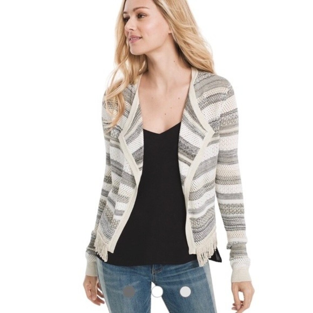 White House Black Market Striped Mix Stitch Sweater Jacket Cardigan Fringe Hem